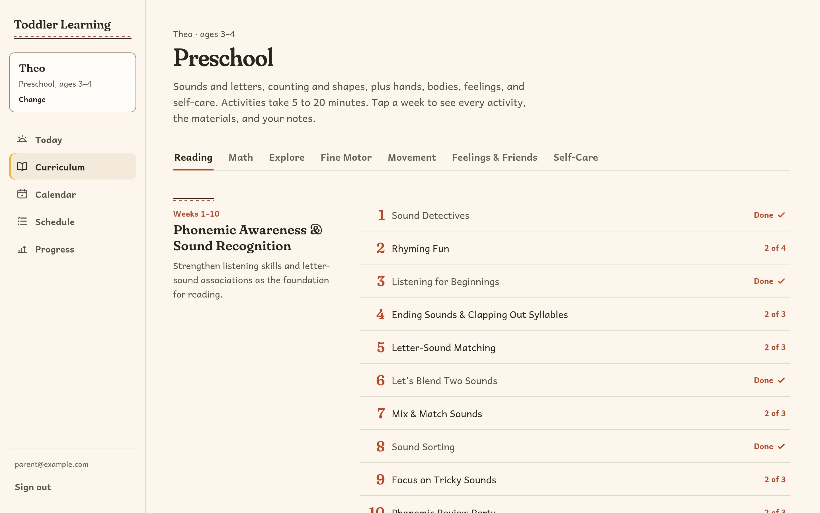 The Curriculum page for Preschool Reading: weeks 1 to 10 of the Phonemic Awareness phase, with completed weeks marked Done.